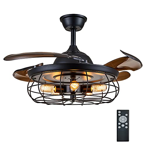 Dumaiway 36" Caged Ceiling Fan With Lights, Industrial Retro Ceiling Fans With Remote Controller Vintage Style For Farmhouse/Living Room/Bedroom/Restaurant 5 Lights 4 Fan Blades Black #TOP25