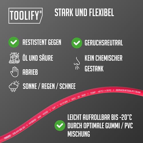 TOOLIFY® Druckluftschlauch 5 m mit Sicherheitskupplung für Kompressor | Pneumatik-Schlauch | Gummi/PVC Mischung flexibel bis -10 °C | knickfest | ölbeständig | gewebeverstärkt | max 20 bar