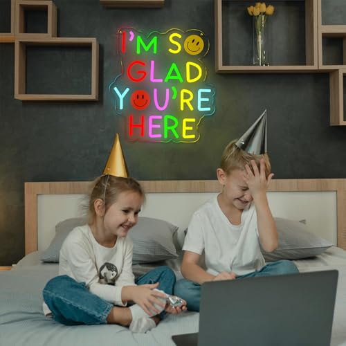 Image of I'm So Glad You're Here Neon Signs Classroom Encourage Neon Lights Wall Decor,Positive Affirmation Motivational Quote,GIft Art for Boys Girls Kids,Friends,Family-13.2 x 12.2 IN-USB Powered-Acrylic