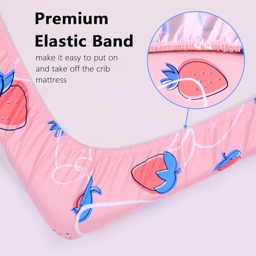 Image of Baby Fitted Crib Sheet Soft Microfiber 52 inch x 28 inch Crib Mattress Sheet for Girls Breathable Baby Bedding with Strawberry Pattern Design Pink