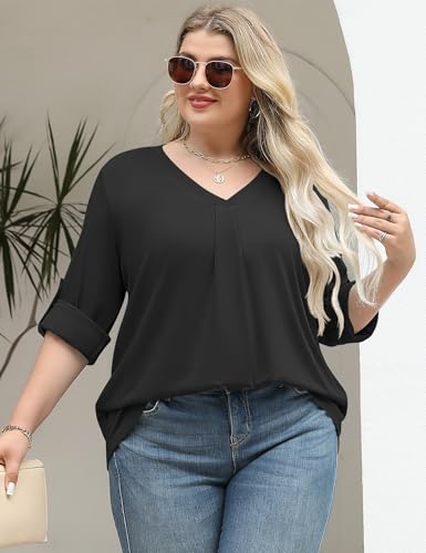 Damen Plus Size Bluse 3/4 Langerm V-Ausschnitt Sommer Tops Locker Tunika Große Größen Shirt Elegant Oberteil (Schwarz,2XL)