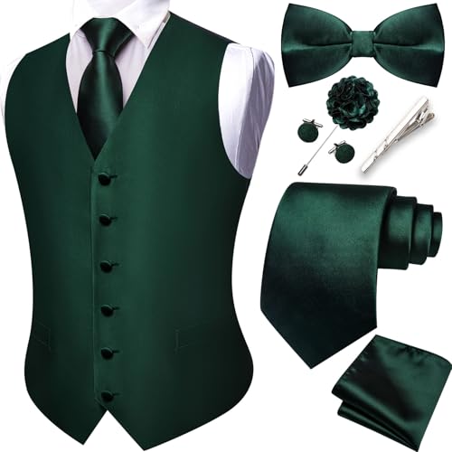YOHOWA Formal Men Green Vest V-Neck Suit Vests Tie Bowtie Set Paisley Jacquard Waistcoat Clip Hanky Cufflinks Lapel Pin Wedding 8PCS