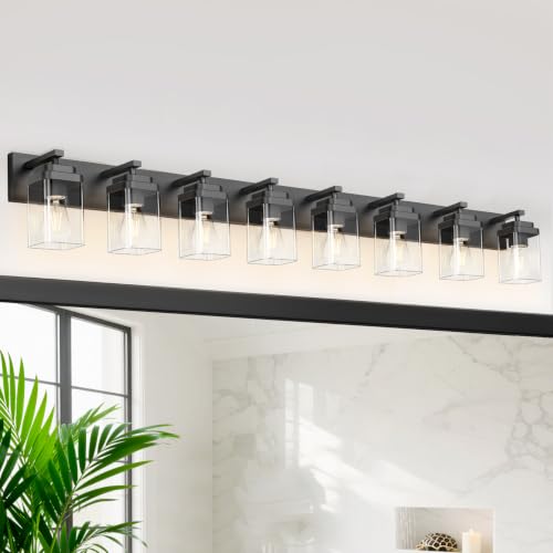 Image of Black Bathroom Light Fixtures, 8 Lights Bathroom Lighting Fixtures Over Mirror, Square Design & Rectangle Large Backplate, Modern Vanity Lighting Fixtures, for Bathroom /Living Room /Bedroom