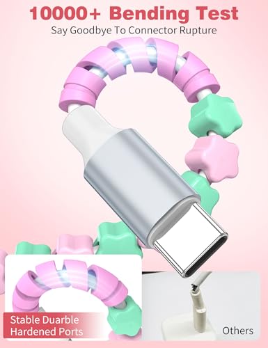 Image of USB C to USB C Cable 6FT,60W Fast Charging Beaded Charger Cord for iPhone 17 16 Pro Max 15 /iPad Pro 11th Air for Samsung S26 S25 S24 S23 A17 /Android Phone Charger Cord Cute Girl Women,Pink-Green Star