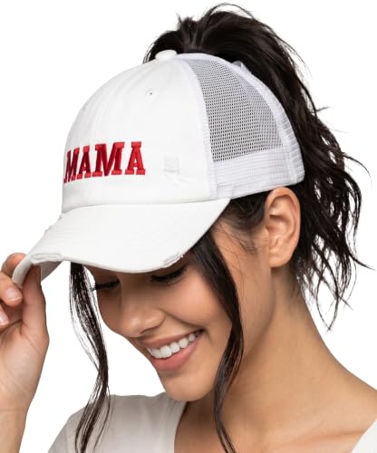 Criss Cross Ponytail Cap - Mama - White