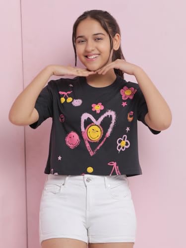 Image of Li'l Tomatoes Girls Crop T-Shirt | 100% Cotton | Graphic Printed Summer Top | Soft & Breathable Casual Wear | 7-16 Years
