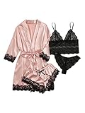pyjama satin homme amazon  DIDK Femme Ensemble De Pyjama Dentelle 4 pièces avec Peignoir Robe De Chambre Satin Ensemble De Nuit Camisole Short Set De Lingerie Rose M