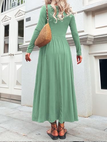 Image of Mieazom Long Sleeves Maxi Dress for Women A Line 2025 V Neck Casual Button Boho Tshirt Long Dress with Pockets