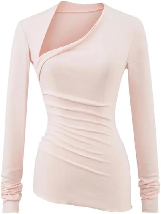 Women Cloud Asymmetric Long Sleeve Top Tee Pleated Slim Fit T Shirt Street Chic Style