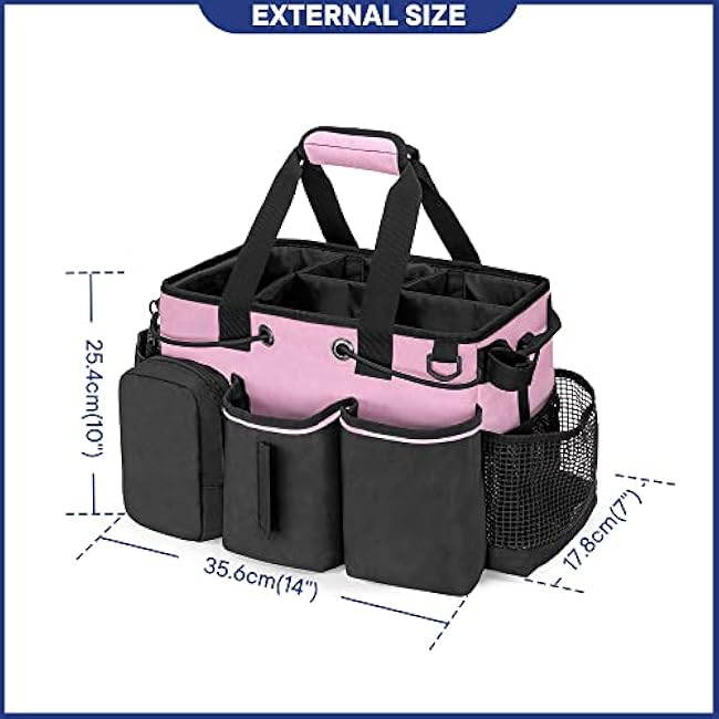 LoDrid Large Professional Cleaning Caddy with Detachable Divider, Supply Organizer with Handle and Shoulder Strap, Cleaning Bags for Housekeepers & Cleaners, Pink