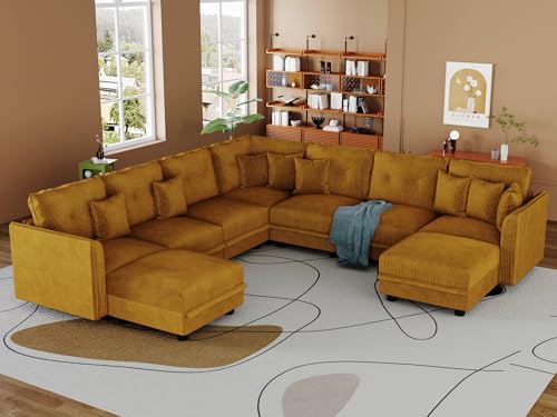 Image of LLappuil Modular Sectional Sofa with Storage, U-Shaped 9-Seat Corduroy Couch with 8 Throw Pillows, Pet-Friendly Convertible Pit Sofa for Living Room, Skin-Friendly & Soft, Yellow