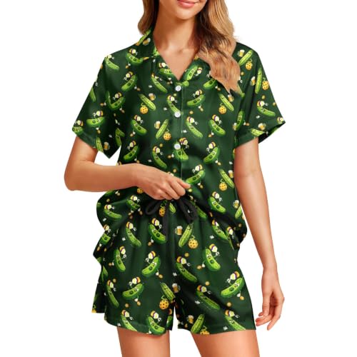 Image of Funny Satin Pajamas Set for Women Button Down Sleepwear Print Pjs Set 2 Piece Short Sleeve Loungewear Gift for Women