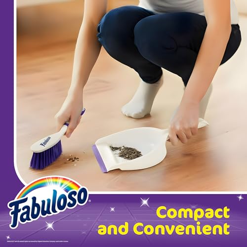 Fabuloso Brush and Dustpan Set, Compact Hand Broom Floor Sweeper with Snap-Together Storage and Hanging Hole, Quick Sweeping for Kitchen, Bathroom, Office and Car, White & Purple