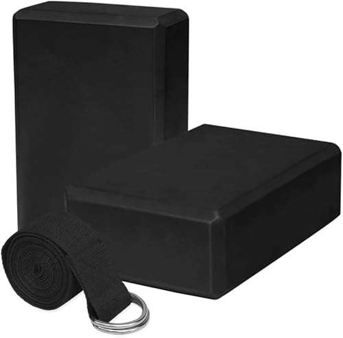 Mune - Juego de 2 bloques de yoga negros de alta densidad de espuma EVA antideslizante con correa de resistencia de yoga para estirar, profundizar