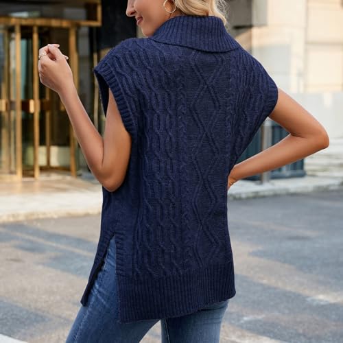 Image of Blostirno Women's Turtleneck Sweater Vest Sleeveless Ribbed Solid Knitted Pullover Sweaters Tops