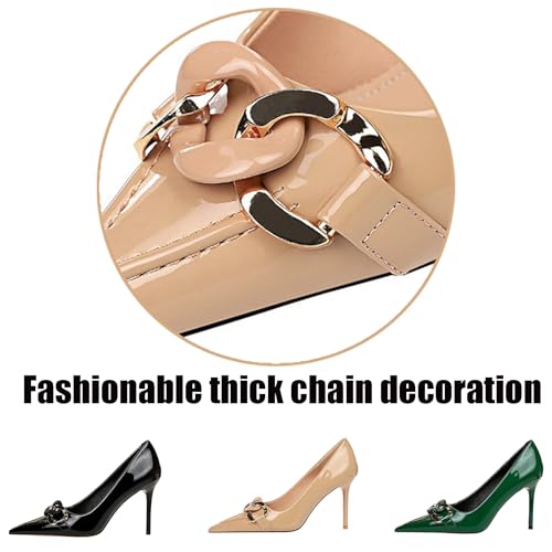 Women's Patent Leather Stiletto Pump with Chunky Chain Decor Closed Pointed Toe Slip-on Office Dress Shoes Sexy Non Slip High Heel Wedding Shoes2