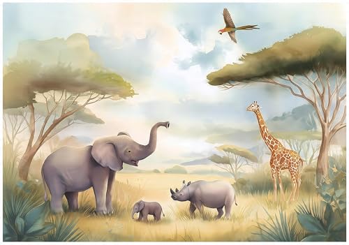 WallArena - Papel pintado fotográfico no tejido para habitación infantil (400 x 280 cm), diseño de animales africanos para niños y niñas - papel tapiz infantil con motivos de animales y árboles
