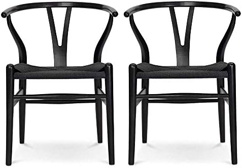 VODUR Wishbone Chair Natural Solid Wood Dining Chair/Hans Vegner Y Chair Rattan and Wood Accent Armrest Chair - Set of 2 (Ash Wood - Black)
