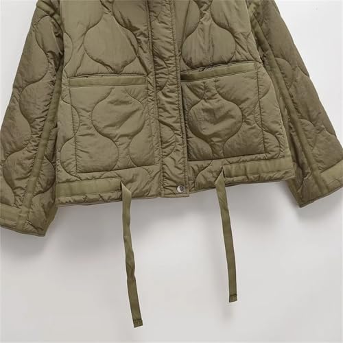 Army Green Women's Lightweight Quilted Jacket with Stand-Up Collar and Pockets - Image 4