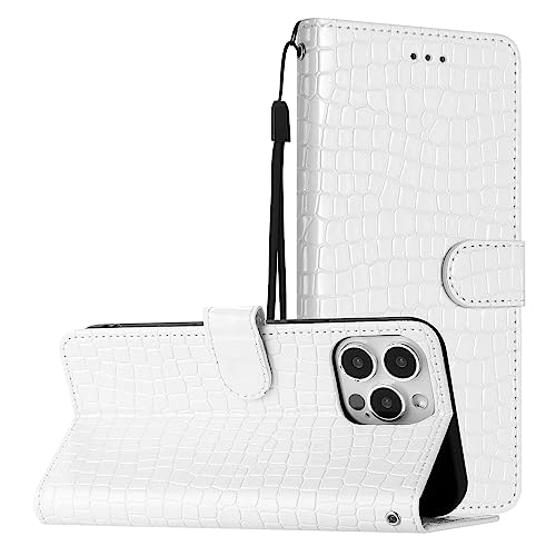 SUPWALL Leather Wallet Case Compatible for iPhone 15 Pro Max | Classic Crocodile Print Wrist Strap Flip Case | Ultra Slim Card Slots Stand Function Shockproof Phone Cover | White