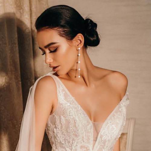 Pearl Earrings for Women 9 Pairs Silver Long Tassel Dangle Earrings Sparkling Crystal Leaf Pearl Drop Earrings Butterfly Chain Wedding Bridal Earrings Bridesmaid Prom Graduation Jewelry Set3