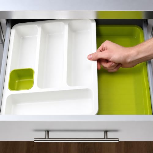 Image of Large Silverware Drawer Organizer, Expandable Utensil Tray for Kitchen, BPA Free Flatware and Cutlery Holder, Adjustable Plastic Storage for Spoons Forks Knives (Green-White, Pack Of 1)