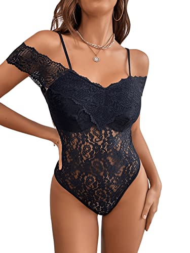 SheIn Damen Schulterfrei Spitzenbody Schmaler Bodysuit Spitze Applikation...