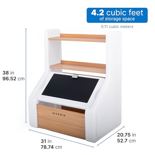 Step2 Harmony Toy Storage Box, Wood and Plastic, Shelves for Books, Toy Storage Bin with Chalkboard Lid and Clip, Easel and Toy Organizer in One, White - image 3