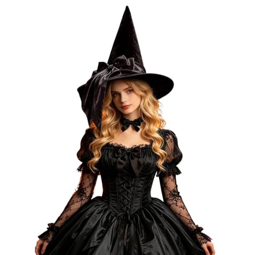 Halloween Pointed Witch Hat Gothic Ruffled Lace Trim Wide Brim Wizard Cap - image 1