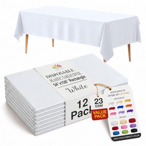 Exquisite 12-Pack Plastic Tablecloth 54x108 Rectangle Value Pack Plastic Table Cover - White