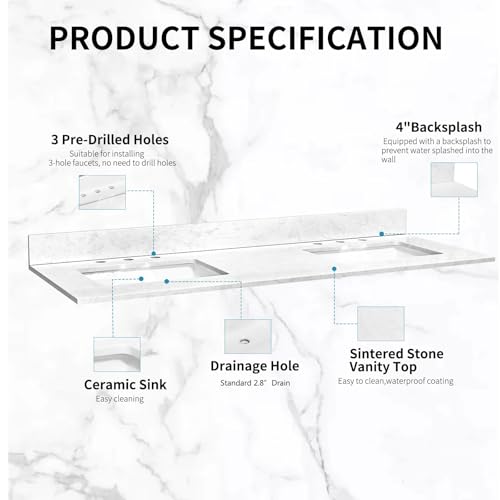 LOCALAND 60 in.W x 22 in.D Bathroom Vanity Sink Top, White Engineered Stone Bathroom Vanity Top with Undermount Double Sink, Vanity Countertop with Pre-Drilled 3 Faucet Holes and Backsplash