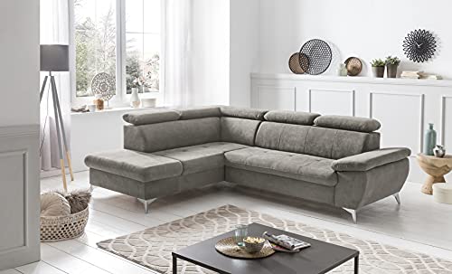 Mivano Eckcouch Gisele / Ecksofa mit Schlaffunktion, Stauraum, Armteilfunktion und Kopfteilverstellung / 256 x 83 x 209 / Velours, Beige – Bild 3
