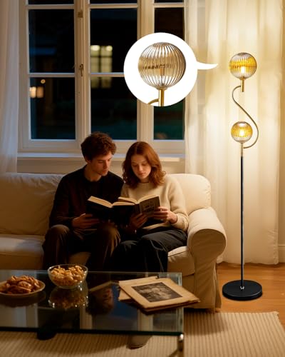 Image of Lightdot Gold & Black Floor Lamp, Mid Century Standing Lamps with Globe Teaed-Strip Glass Shade& Warm White Bulbs Included, Modern Tall Floor Lamp for Living Room /Bedroom /Sofa Beside /Corner Decor