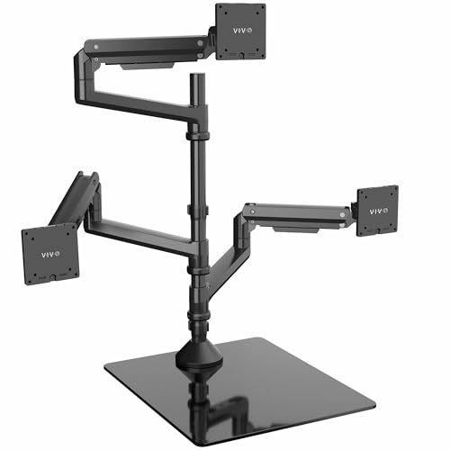 Image of VIVO Pneumatic Arm Triple Ultrawide Monitor Desk Stand for Up to 49 inch Screens with Tempered Glass Base, Holds 3 Ultra Wides Up to 33 lbs Each, Black, STAND-V300FG