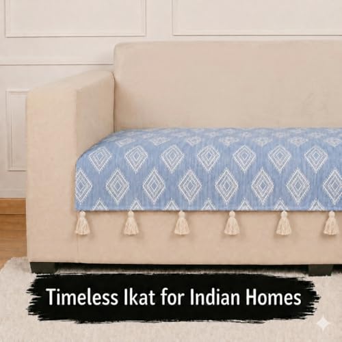 Image of STITCHNEST 'Verdant Rekhika Stories' 1 Seater Sofa Cover| Elegant Jacquard Fabric, Decorative Tassels, Washable & Durable for Modern Living