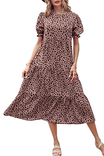 PRETTYGARDEN Summer Dresses for Women 2025 Casual Floral Boho Midi Sun Dress Puff Short Sleeve Flowy Beach Vacation Sundress (Pink,Large)