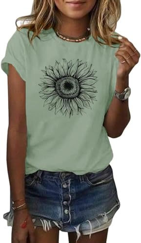 Cicy Bell Damen Sonnenblumen T Shirt Sommer Kurzarm Niedlich Grafik Lose T-Shirts Für Damen Tops Bohnengrün L