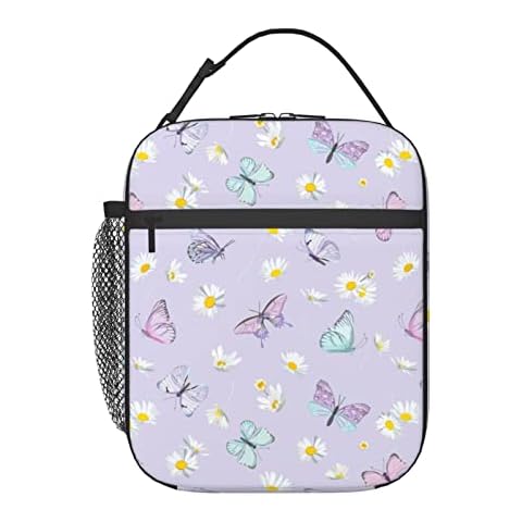 Lunch Box Butterfly Daisy Flower Purple Insulated Bag Reusable Leakproof Food Tote Container with Side Pocket for Work School Picnic Hiking Daytrip Cover