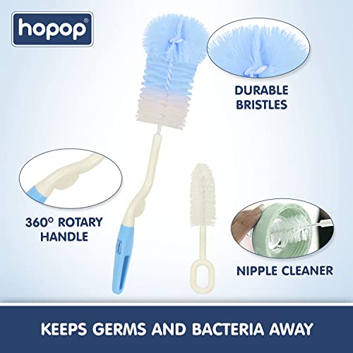 Image of Hopop Bottle Cleaner Brush | Baby Feeding Bottle Cleaning Brush & Nipple Cleaner Brush | 360* Rotating Handle | Easy to Clean Feeding /Water Bottle Corner | BPA Free | Blue