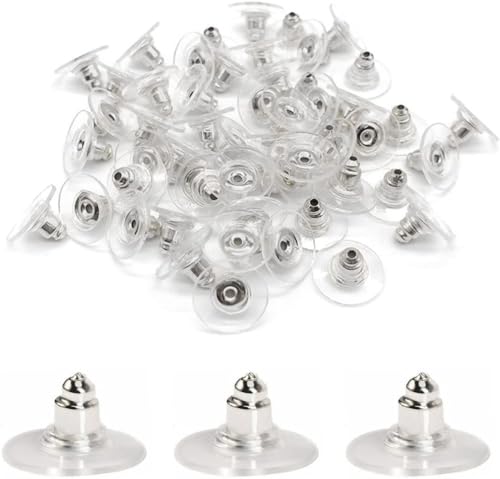 Image of KUMU JEWELLERY TOOLS (200 Pcs approx) Findings Silver Polish Bullet clutch with Silicone Rubber Pad / Earring Back Silver Nut / Earring Back Silver /Rodium Polish Metal Stopper Lock with Silicone or Rubber Pad / Earring Back Stopper / Earring Back Supporter / Earring Stoppers / Earring Post Back Stopper Silver.(Silver100 Pairs Approx)