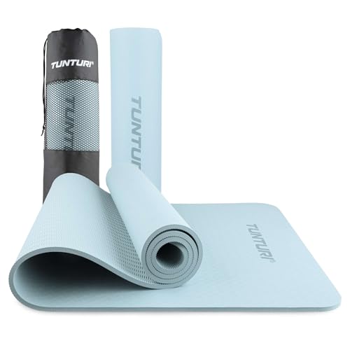 Tunturi Yoga Mat 8mm - Pilates mat - Extra dikke fitness mat - 183x61x0,8 cm - Incl Draagtas - Ecologisch materiaal - Eenvoudig te reinigen - Licht Blauw