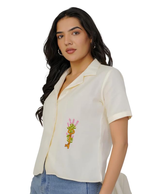 Cassette Hand Embroidered Shirt Top for Women Stylish Casual Party Top with Retro Cassette Design Comfortable Fabric Modern Fit Trendy Fashion Statement-picture-16