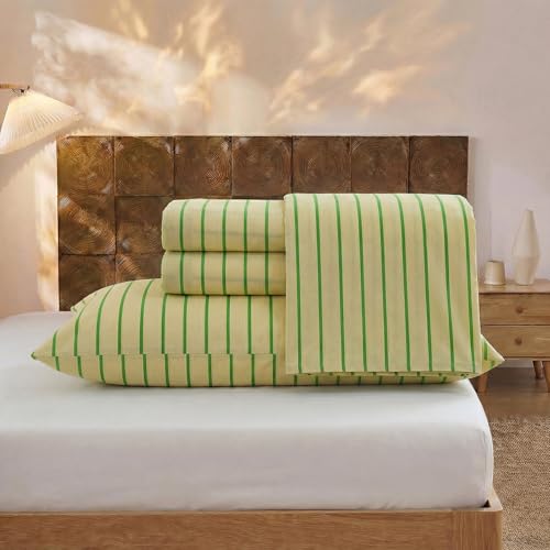 Image of Merryword 100% Cotton Sheet Set Full Size, Khaki & Green Stripes Bedding, Soft Breathable Percale Weave, Modern Minimalist, Luxury Linen Like, Deep Pocket Fitted Sheet 17.5 inch