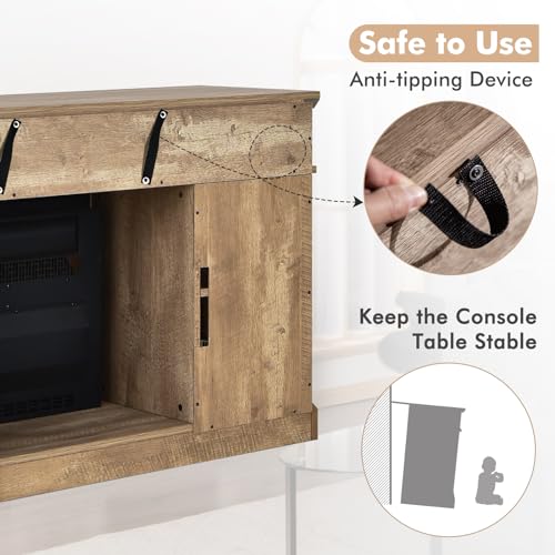COSTWAY Electric Fireplace Insert TV Stand, Entertainment Center Console Table with Adjustable Flame, Overheat Protection Fire Heater & Remote (Natural, 18” Fireplace, for 55” TV) - Image 7