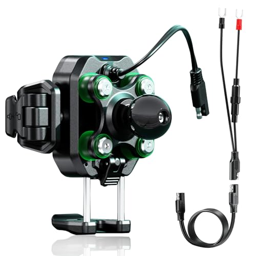 iMESTOU Motorfiets telefoonhouder met draadloze oplader 15W & USB-C-poort 36 W snel opladen, schokabsorptie 1 inch bal telefoonhouder, past voor 5,4"-7,2" telefoons tot 15 mm dik, werkt met 12-24V