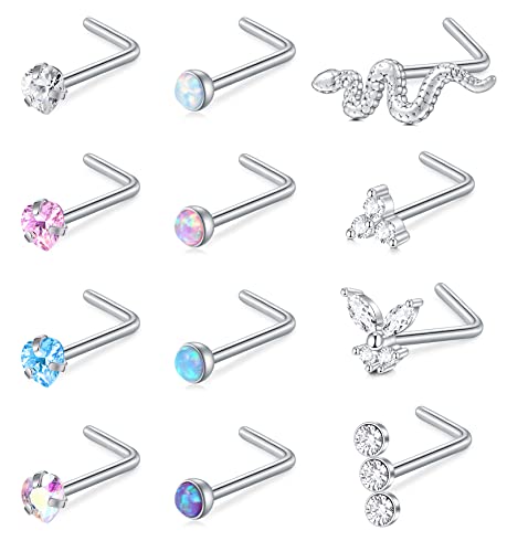 VFUM L-Form Nasenstecker Nasenpiercing Frauen Diamant CZ Schlange Opal Nose Stud Curved Chirurgenstahl Nostril Piercing Nase Piercing Nasen 12 Stück