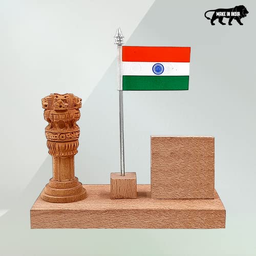 Image of Wood House Woodhouse Flag Stand For Office Table, Wooden Flag Stand With Ashoka Pillar & Clock, Wooden Flag Stand With Clock For Office Table Stylish, Office Flag Stand (Wh-54)