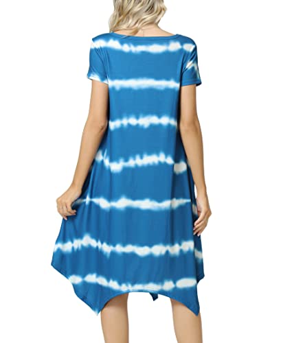 Invug Women Casual Loose Soft Crewneck Short Sleeve Pockets Swing T-Shirt Zigzag Hem Dress Blue Wave Stripe M #TOP5