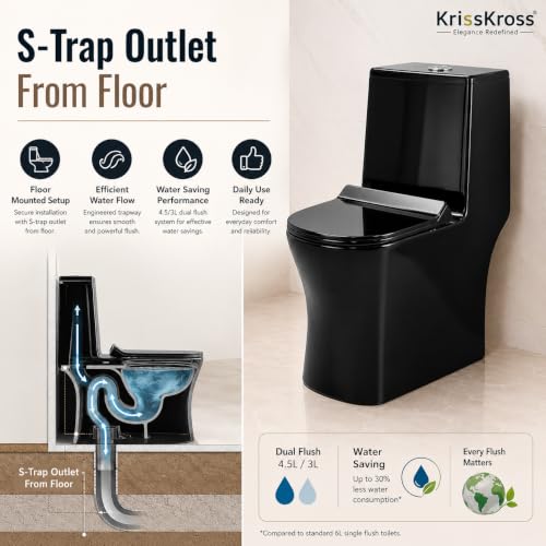 Image of KrissKross Premium Black Western Floor Mounted One Piece Water Closet Ceramic Western Toilet /Commode With Soft Close Seat Cover For Lavatory, Toilets S-Trap Outlet From Floor, Wash down flush (Black)