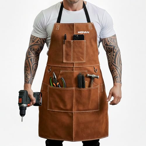 MIGVAN Leather Welding Work Apron 24' X 36' with 9 Tool Pockets, Heat & Flame Resistant Apron,...